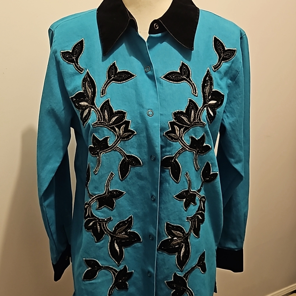 Victor Costa Occsn Western Snap Chambray Velvet Beaded Jacket Shirt Sze S #W-530 - Picture 1 of 13